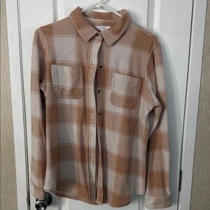 Time and Tru Tan and White Plaid Button Down Shirt